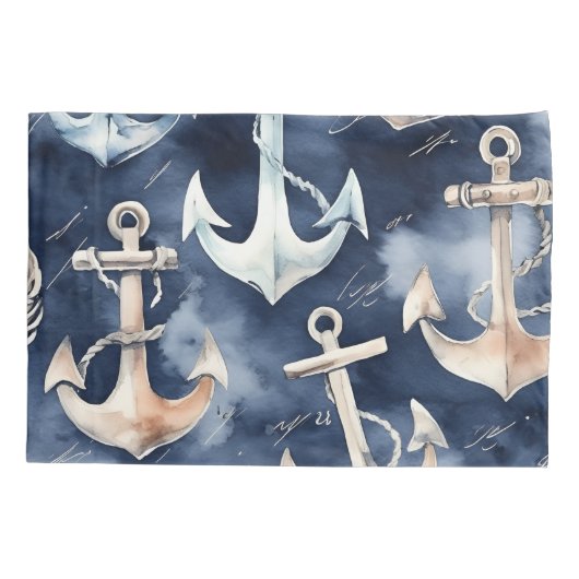 水彩航海のいかり海ネイビー 枕カバー (裏面)