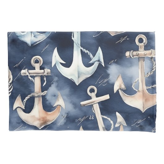 水彩航海のいかり海ネイビー 枕カバー (正面)