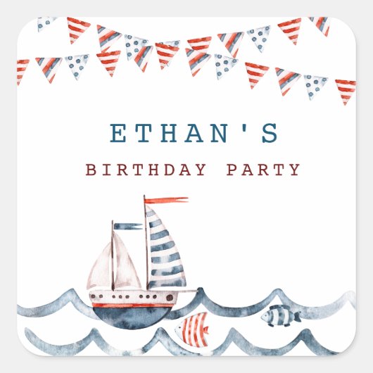 水彩航海の誕生日パーティーモノグラム スクエアシール (正面)