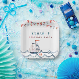 水彩航海の誕生日パーティーモノグラム ペーパープレート