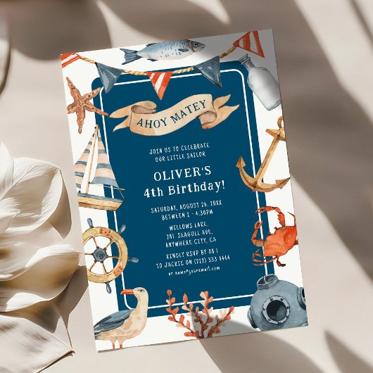 水彩航海子供の誕生日パーティー 招待状