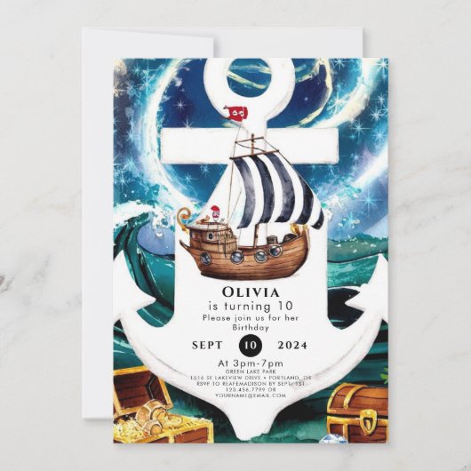 水彩船おもしろい海賊団誕生日 招待状 (正面)