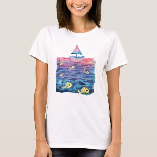 水彩船と魚 Tシャツ (正面)