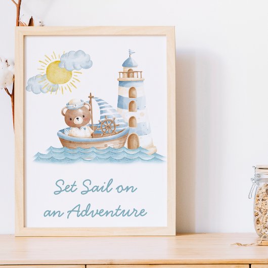 水彩船のクマのぬいぐるみ 海岸風ベビーシャワー壁アート ポスター
