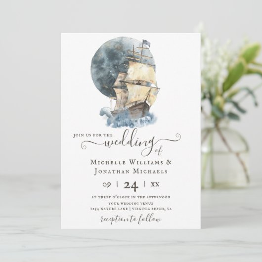 水彩船航海の帆走ビーチ結婚式 招待状 (スタンド正面)
