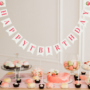 水彩色いちごベリーの最初の誕生日パーティー バンティングフラッグ