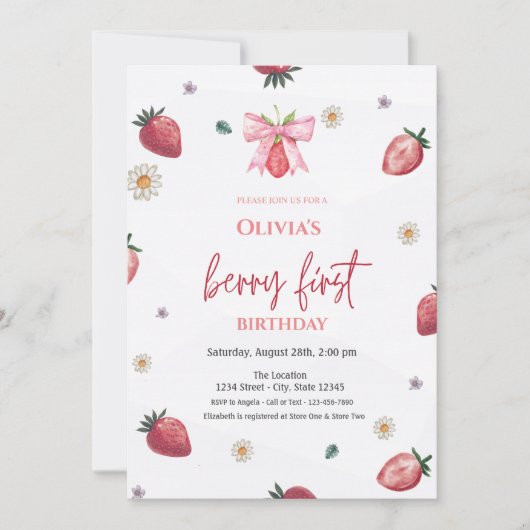 水彩色いちごボウピンク1st誕生日 招待状 (正面)