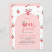 水彩色いちごボウ2つの甘い1歳の誕生日 招待状 (正面/裏面)