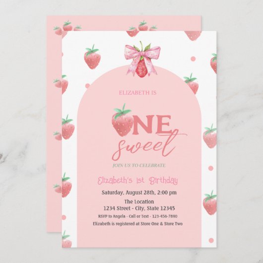 水彩色いちごボウ2つの甘い1歳の誕生日 招待状 (正面/裏面)