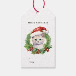 水彩色かわいいサンタハットのクリスマス猫 ギフトタグ