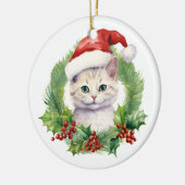 水彩色かわいいサンタハットのクリスマス猫 セラミックオーナメント (左)