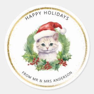 水彩色かわいいサンタハットのクリスマス猫 ラウンドシール