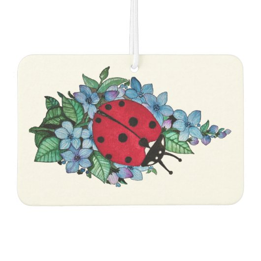 水彩色かわいいラディバードと青い野生の花 カーエアーフレッシュナー (正面)