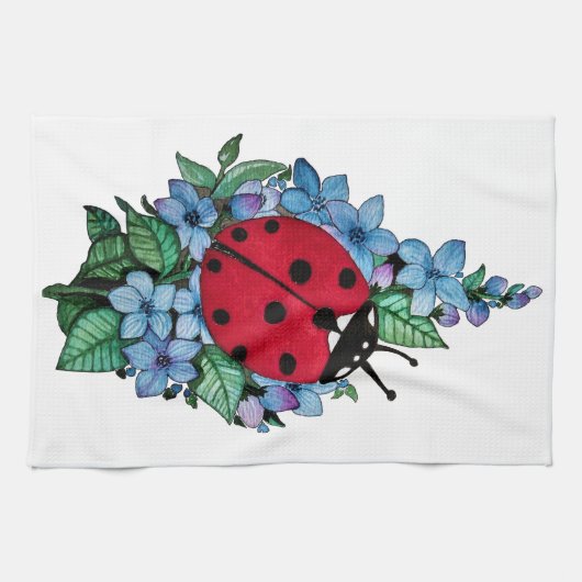 水彩色かわいいラディバードと青い野生の花 キッチンタオル (横)