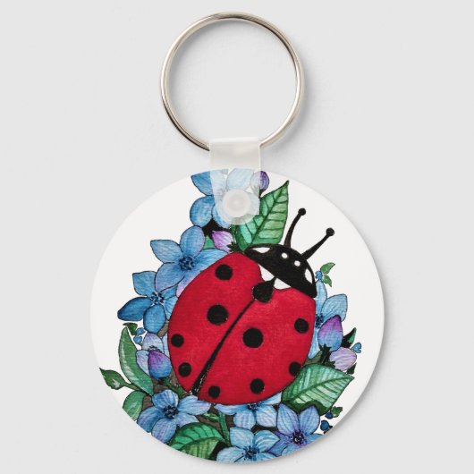 水彩色かわいいラディバードと青い野生の花 キーホルダー (正面)