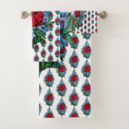 水彩色かわいいラディバードと青い野生の花 バスタオルセット