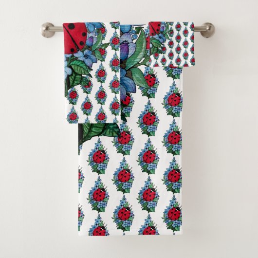 水彩色かわいいラディバードと青い野生の花 バスタオルセット (インサイチュ)