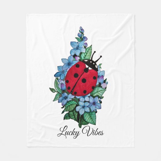 水彩色かわいいラディバードと青い野生の花 フリースブランケット (正面)