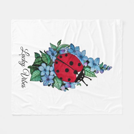 水彩色かわいいラディバードと青い野生の花 フリースブランケット (正面(横))