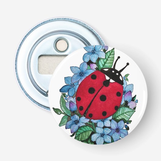 水彩色かわいいラディバードと青い野生の花 栓抜き (正面)