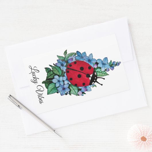 水彩色かわいいラディバードと青い野生の花 長方形シール (封筒)