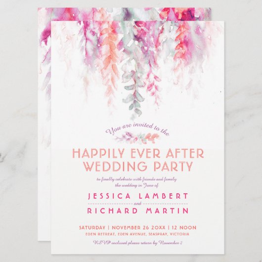 水彩色つる植物サンゴ赤の結婚披露宴 招待状 (正面/裏面)