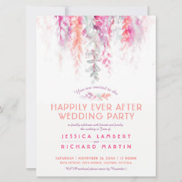 水彩色つる植物サンゴ赤の結婚披露宴 招待状