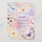 水彩色とカラフルな蝶の虹の誕生日 招待状 (正面/裏面)
