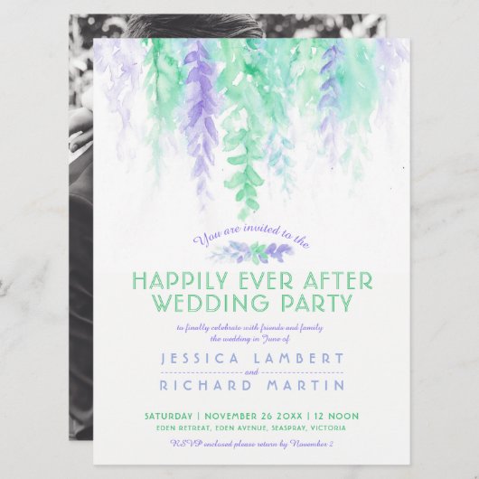 水彩色のつる植物ブルーグリーン結婚式の後 招待状 (正面/裏面)