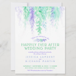 水彩色のつる植物ブルーグリーン結婚式の後 招待状