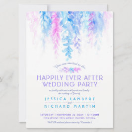 水彩色のつる植物ブルーピンク結婚式の後 招待状