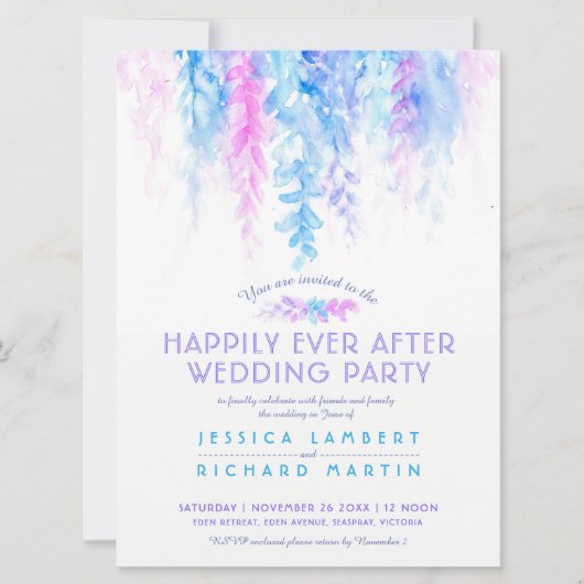 水彩色のつる植物ブルーピンク結婚式の後 招待状 (正面)