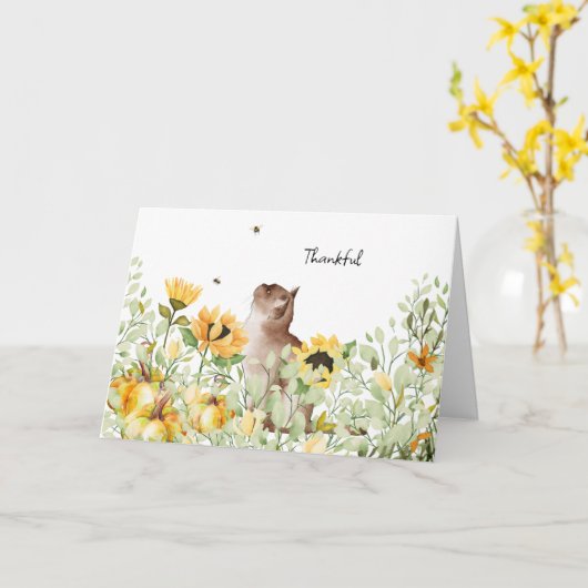 水彩色のひまわりと猫の感謝祭 カード (黄色い花)