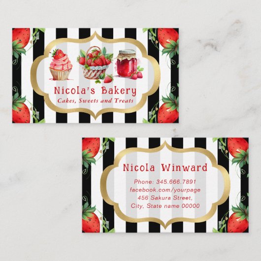水彩色のイチゴのケーキとジャムベーカリー 名刺 (正面/裏面)