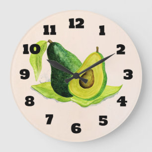 水彩色のグリーンアボカドが生き続けるフルーツ ラージ壁時計