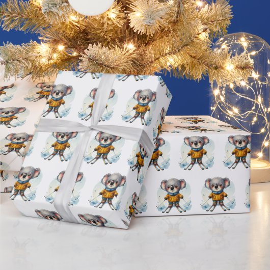 水彩色のコアラが雪の上でスキーをする ラッピングペーパー (クリスマス)