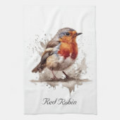 水彩色の可愛い鳥赤ロビン キッチンタオル (縦)