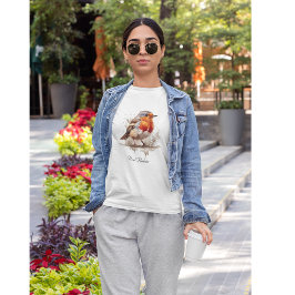 水彩色の可愛い鳥赤ロビン Tシャツ