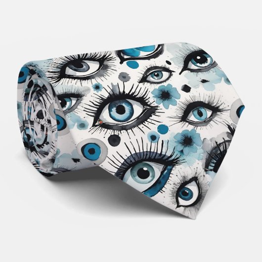 水彩色の目と青の点滅 ネクタイ (ロール)