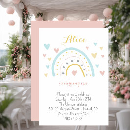 水彩色の虹のハートピンクの青1st誕生日 招待状