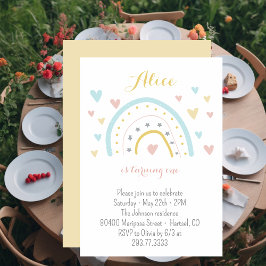 水彩色の虹のハートピンクの青1st誕生日 招待状