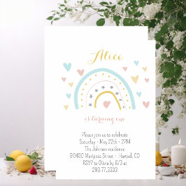 水彩色の虹のハートピンクの青1st誕生日 招待状