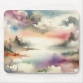 水彩色の霧の多い木や鳥 マウスパッド (正面)