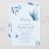 水彩色の青い蝶のフローラベイビーシャワー 招待状 (正面/裏面)