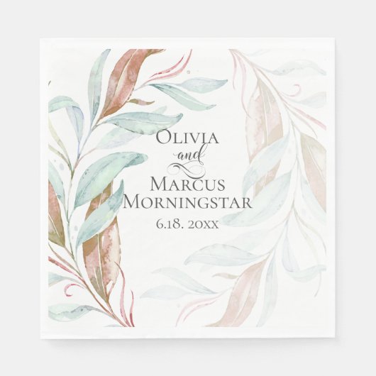 水彩色アクアコーラルユーカリ離れズ スタンダードランチョンナプキン (正面)