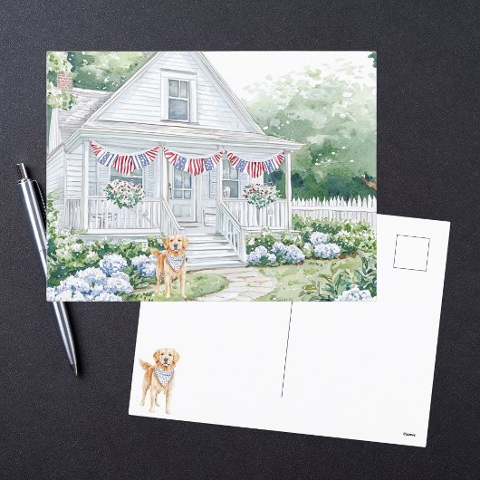 水彩色アメリカーナ愛国国コテージ シーズンポストカード
