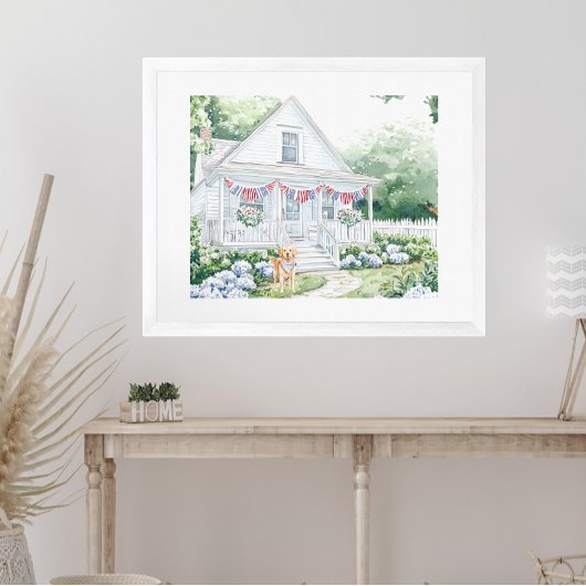 水彩色アメリカーナ愛国国コテージ ポスター