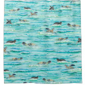 水彩色ウミガメ泳ぐターコイズ海 シャワーカーテン (正面)