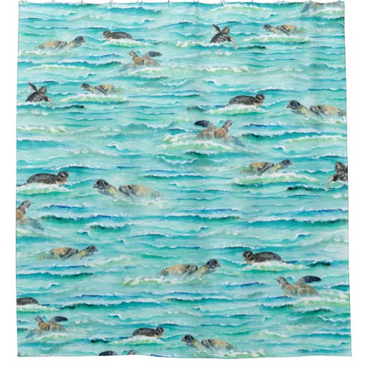 水彩色ウミガメ泳ぐターコイズ海 シャワーカーテン (正面)