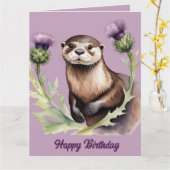 水彩色オッターとティスル誕生日 カード (黄色い花)